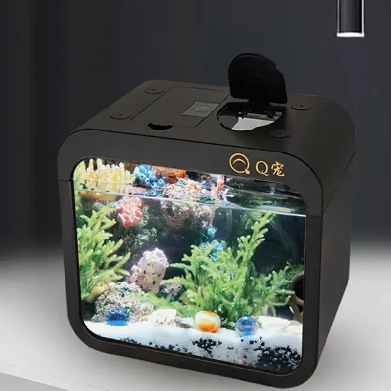 Aquarium Fish Goldfish - デスクトップ用透明アクリル製金魚水槽、プラスチック製小型金魚水槽、LEDライト装飾付きクリエイティブ水槽（電池不要）