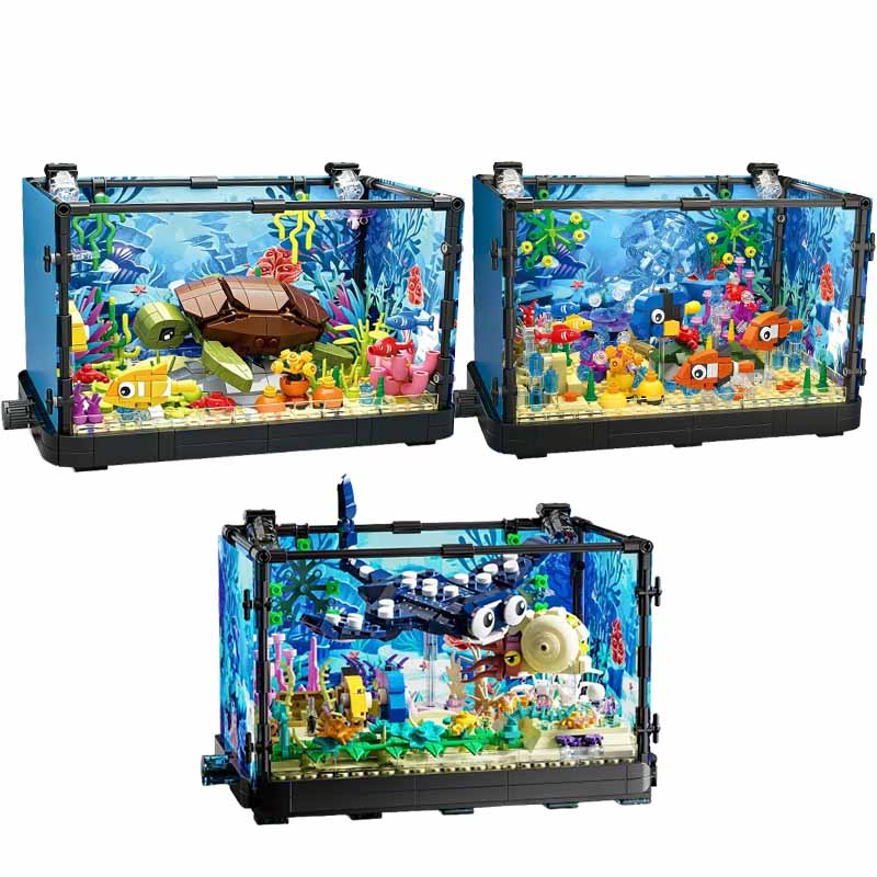 Aquarium Fishing - ライト付き水槽ビルディングブロックセット、水槽、海洋カメ、14歳以上の子供向けビルディングブロックおもちゃ、ギフト、家の装飾